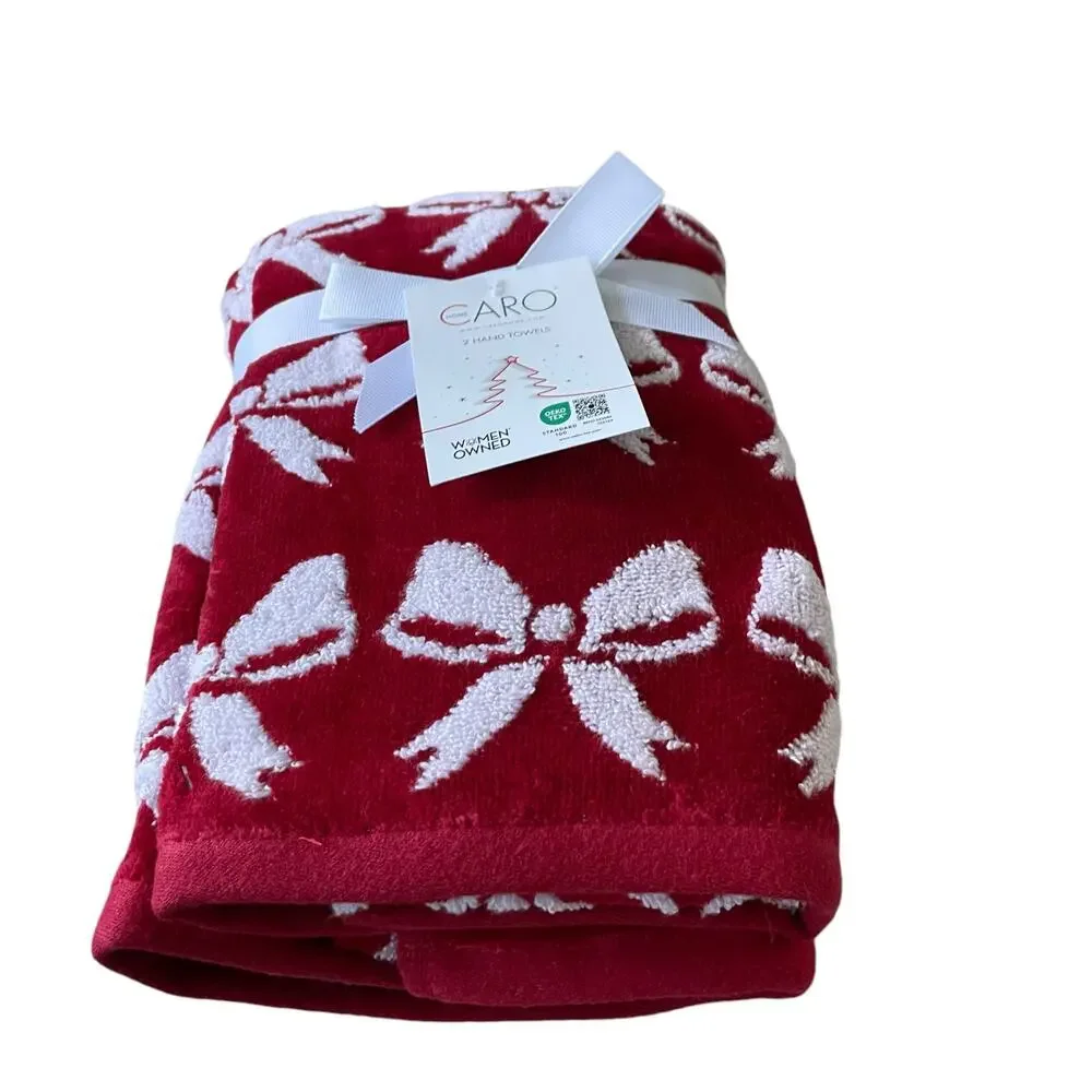 Caro Home CHRISTMAS BOW Hand Towels Set of 2 Red & White Holiday Decor